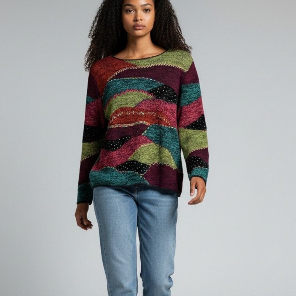 Vintage Sigrid Olsen Sport Silk Blend Patchwork Sweater (L) - Picture 2 of 11